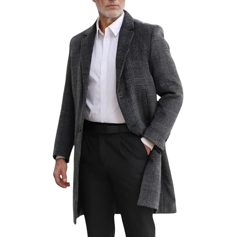 Men’s Plaid Woolen Coat – Mid-Length Warm Winter Style